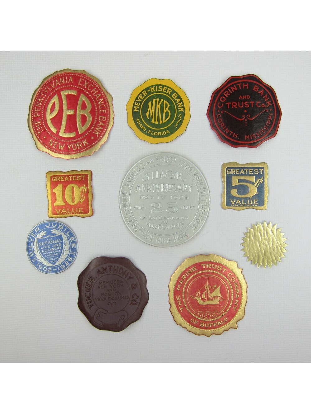 Vintage Advertising Embossed Labels Foil Seals 10 Pennsylvania Exchange Bank NY
